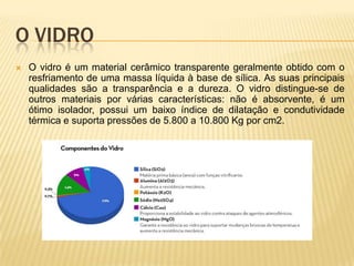 O VIDRO
 O vidro é um material cerâmico transparente geralmente obtido com o
resfriamento de uma massa líquida à base de sílica. As suas principais
qualidades são a transparência e a dureza. O vidro distingue-se de
outros materiais por várias características: não é absorvente, é um
ótimo isolador, possui um baixo índice de dilatação e condutividade
térmica e suporta pressões de 5.800 a 10.800 Kg por cm2.
 