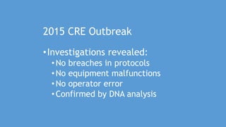 2015 CRE Outbreak
•Investigations revealed:
•No breaches in protocols
•No equipment malfunctions
•No operator error
•Confirmed by DNA analysis
 