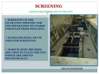 SCREENING
DRUM SCREENER
 SCREENING IS THE
FILTRATION PROCESS FOR
THE SEPARATION OF COARSE
PARTICLES FROM INFLUENT.
 STAINLESS STEEL NET IS
USED FOR SCREENING.
 HARD PLASTIC BRUSHES
ARE USED TO CLEAN THE NET,
WHICH ARE DRIVEN
MECHANICALLY.
(DRUM SCREENER IS USED IN THIS ETP)
 