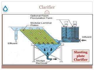 Clarifier
53
• A section of ETP to "clarify" the wastewater.
• It is a holding tank, that allows settling & removes
solids from bottom having specific gravity greater
than 1.00 .
• It also removes solids have Specific gravity lesser
than 1.00 from top by scrubber.
• Solids from Top & bottom are transferred to Sludge
tank or recycled back to aeration tank.Conventional Clarifier
Slanting
plate
Clarifier
 