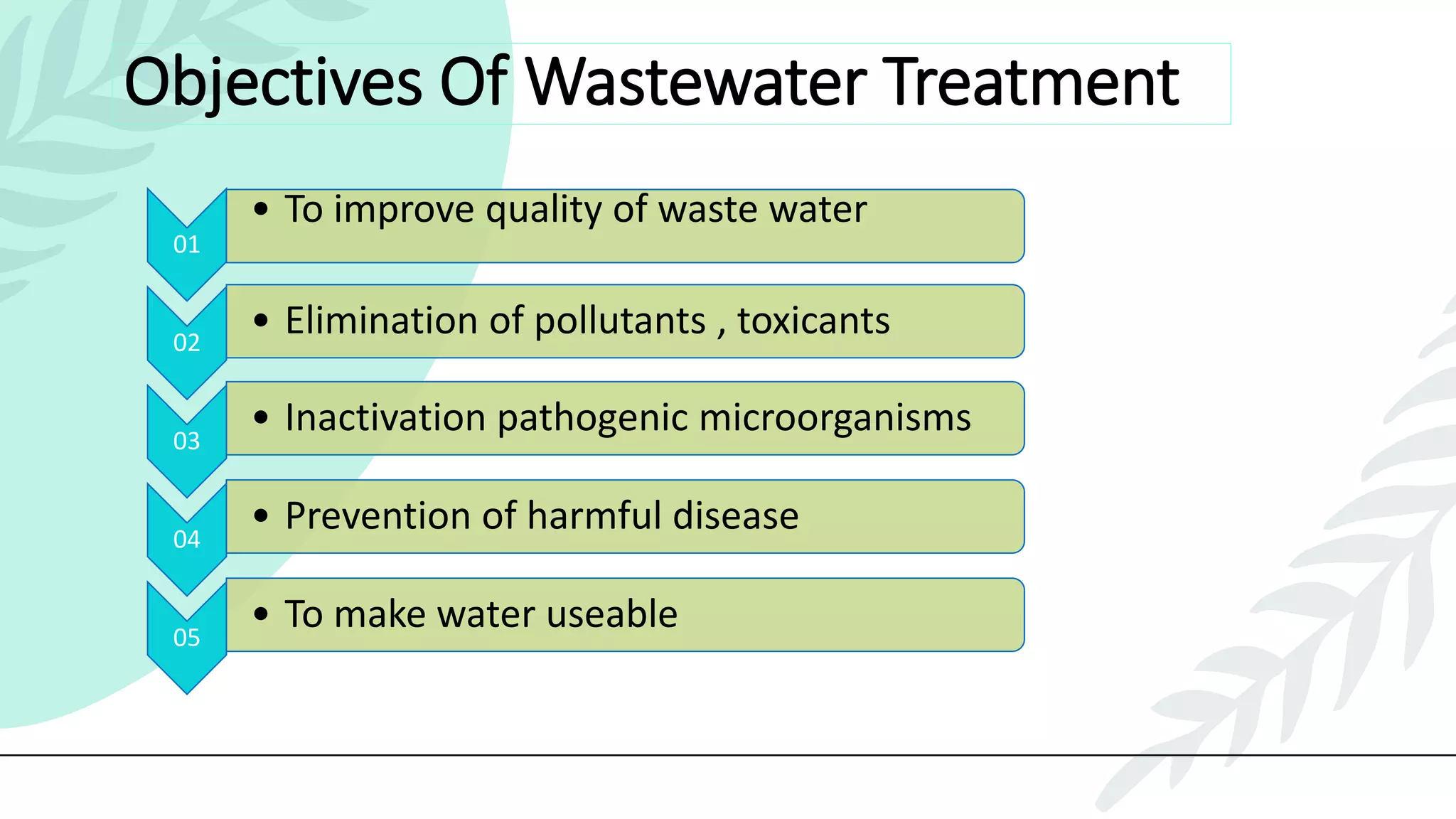 Objectives Of Wastewater Treatment
01
• To improve quality of waste water
02
• Elimination of pollutants , toxicants
03
• Inactivation pathogenic microorganisms
04
• Prevention of harmful disease
05
• To make water useable
 