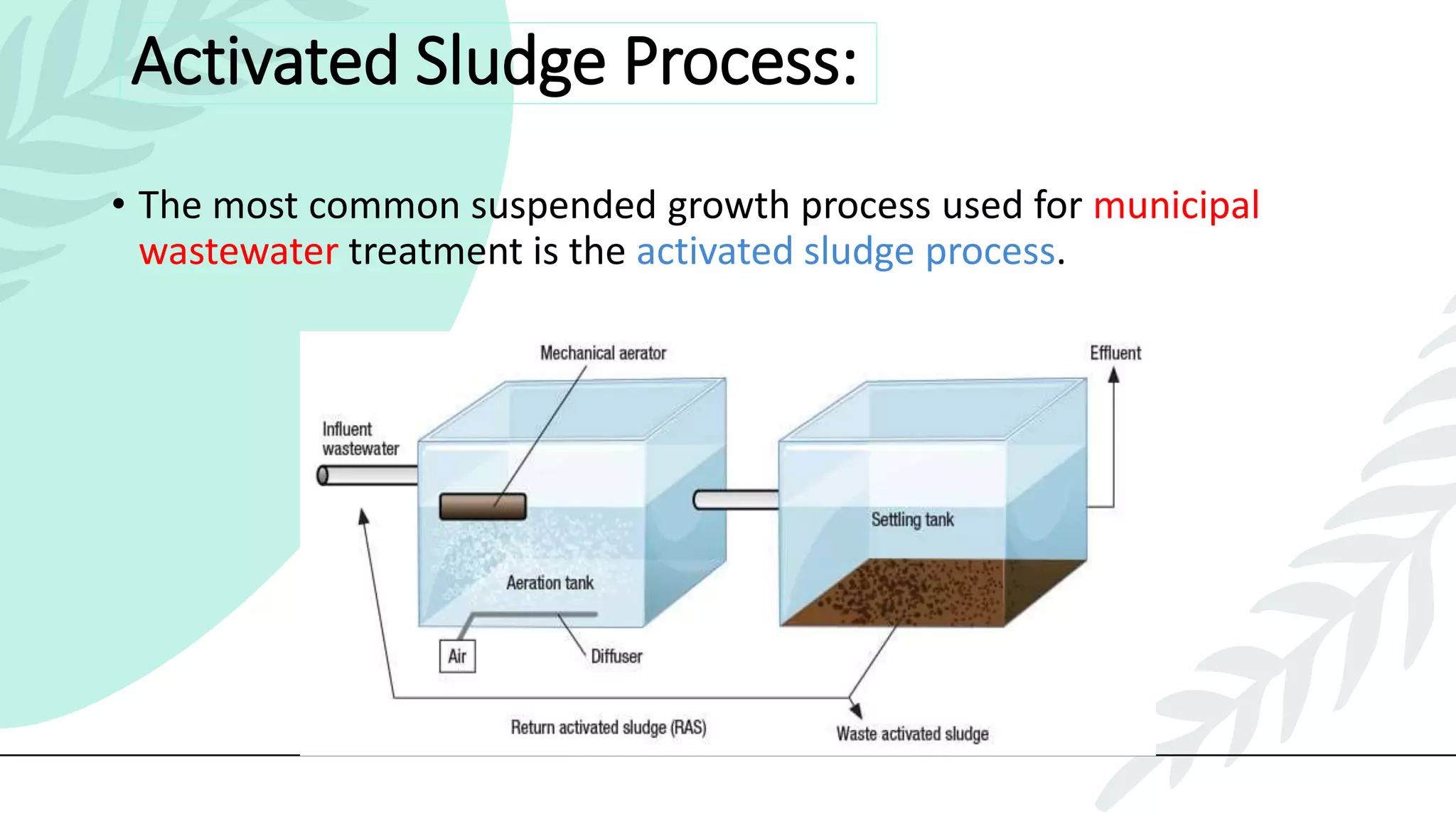 Activated Sludge Process:
• The most common suspended growth process used for municipal
wastewater treatment is the activated sludge process.
 