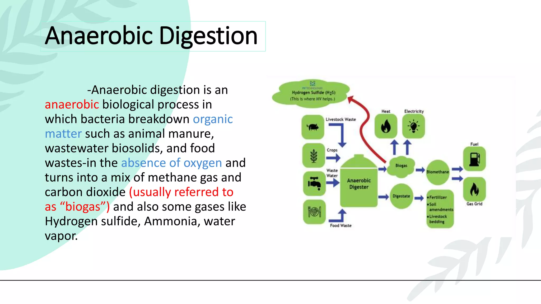 Anaerobic Digestion
-Anaerobic digestion is an
anaerobic biological process in
which bacteria breakdown organic
matter such as animal manure,
wastewater biosolids, and food
wastes-in the absence of oxygen and
turns into a mix of methane gas and
carbon dioxide (usually referred to
as “biogas”) and also some gases like
Hydrogen sulfide, Ammonia, water
vapor.
 