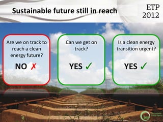Sustainable future still in reach


Are we on track to   Can we get on    Is a clean energy
  reach a clean         track?       transition urgent?
 energy future?

   NO ✗               YES ✓             YES ✓




                                                    © OECD/IEA 2012
 