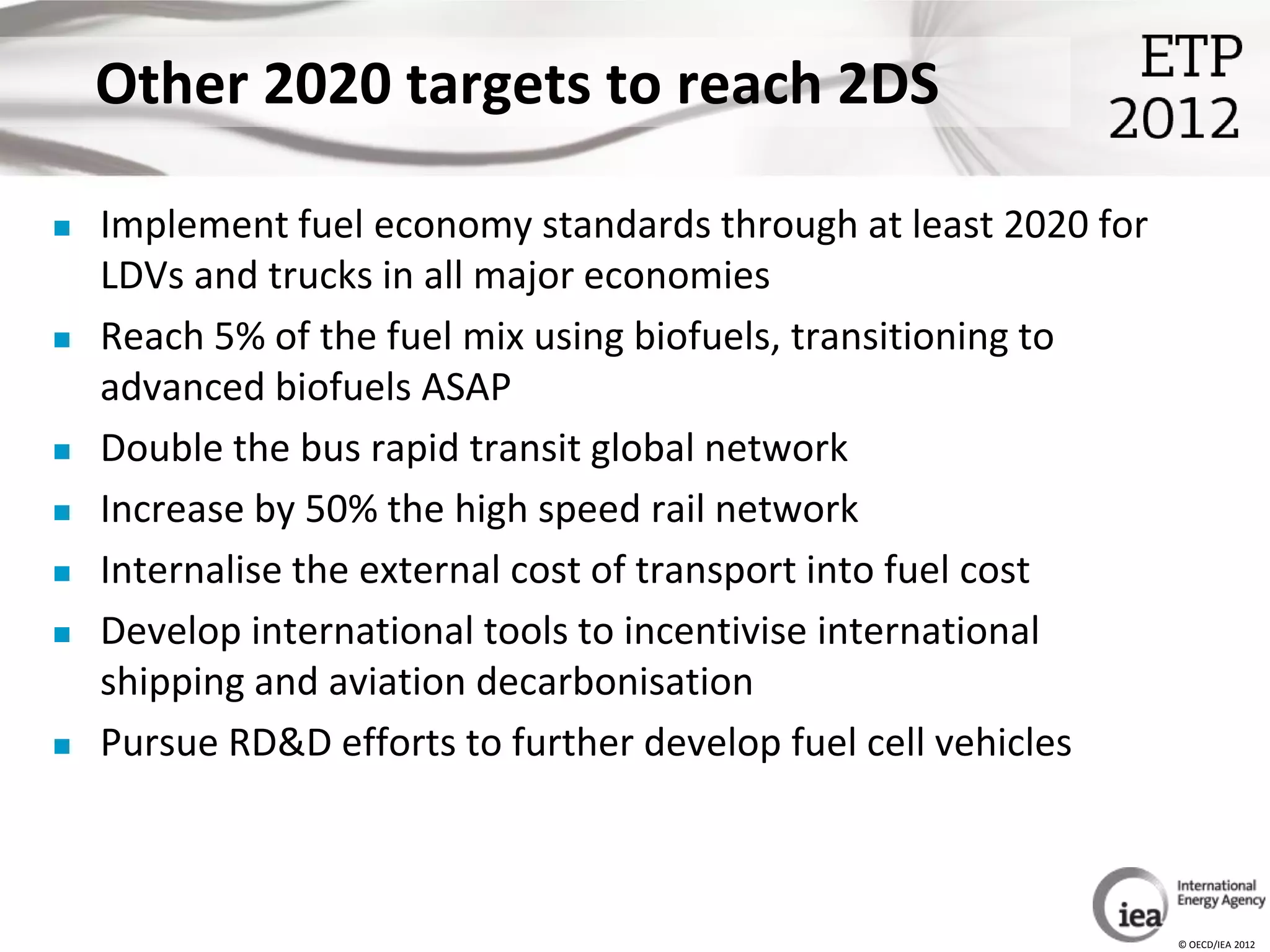 Other 2020 targets to reach 2DS

   Implement fuel economy standards through at least 2020 for
    LDVs and trucks in all major economies
   Reach 5% of the fuel mix using biofuels, transitioning to
    advanced biofuels ASAP
   Double the bus rapid transit global network
   Increase by 50% the high speed rail network
   Internalise the external cost of transport into fuel cost
   Develop international tools to incentivise international
    shipping and aviation decarbonisation
   Pursue RD&D efforts to further develop fuel cell vehicles



                                                                 © OECD/IEA 2012
 