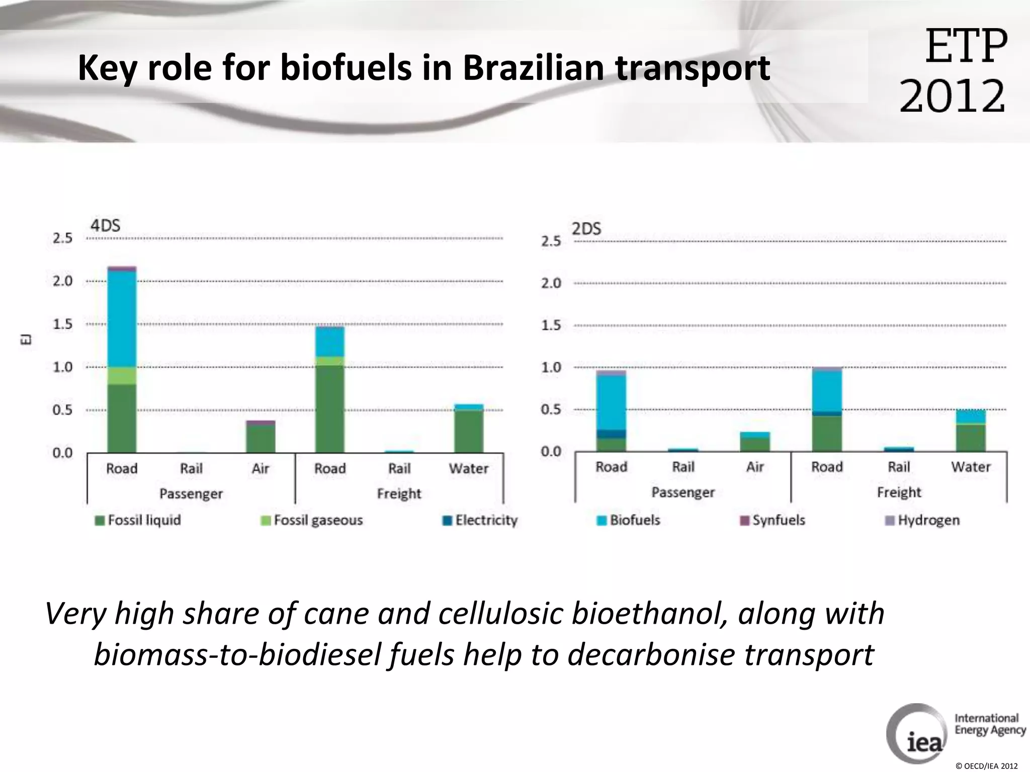 Key role for biofuels in Brazilian transport




Very high share of cane and cellulosic bioethanol, along with
   biomass-to-biodiesel fuels help to decarbonise transport


                                                                © OECD/IEA 2012
 