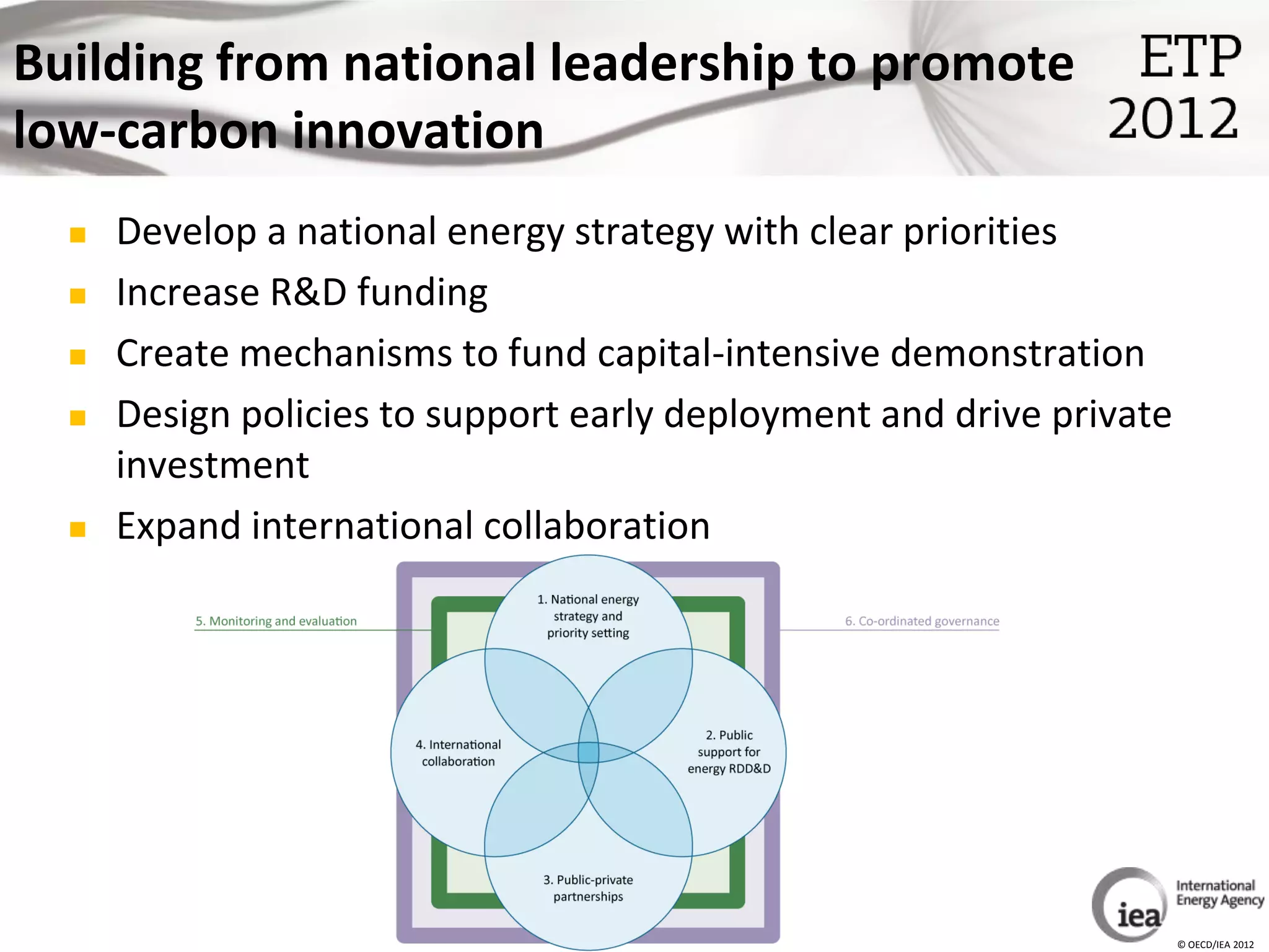 Building from national leadership to promote
low-carbon innovation
     Develop a national energy strategy with clear priorities
     Increase R&D funding
     Create mechanisms to fund capital-intensive demonstration
     Design policies to support early deployment and drive private
      investment
     Expand international collaboration




                                                                      © OECD/IEA 2012
 