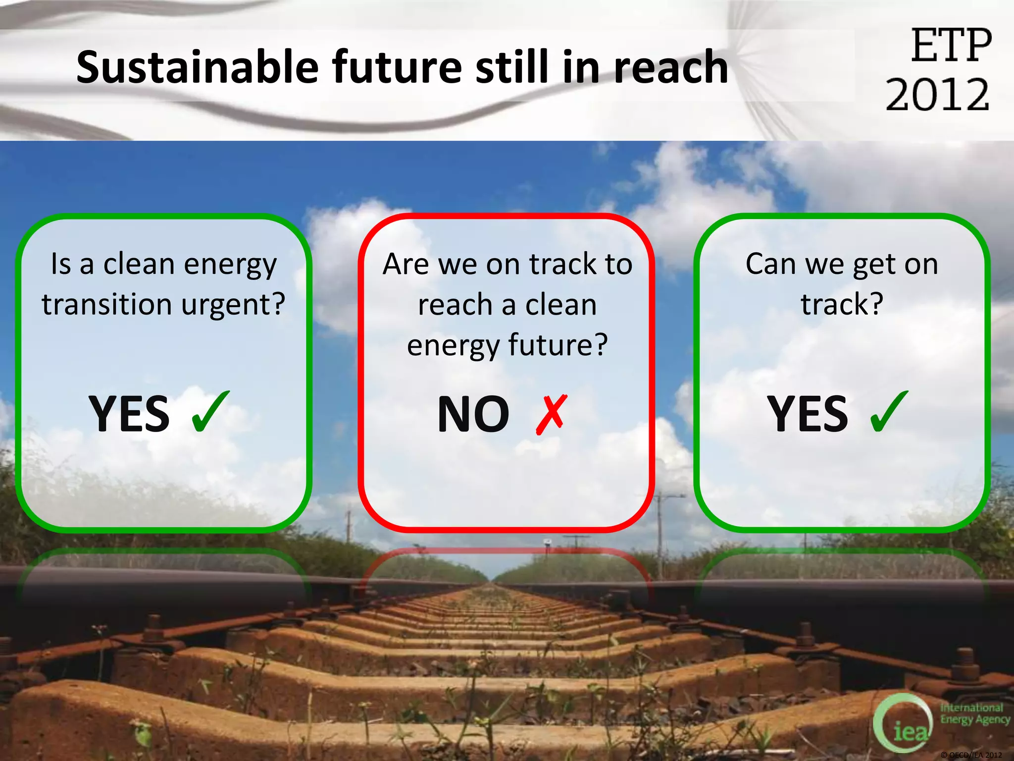 Sustainable future still in reach


 Is a clean energy   Are we on track to   Can we get on
transition urgent?     reach a clean         track?
                      energy future?

   YES ✓                NO ✗               YES ✓




                                                          © OECD/IEA 2012
 