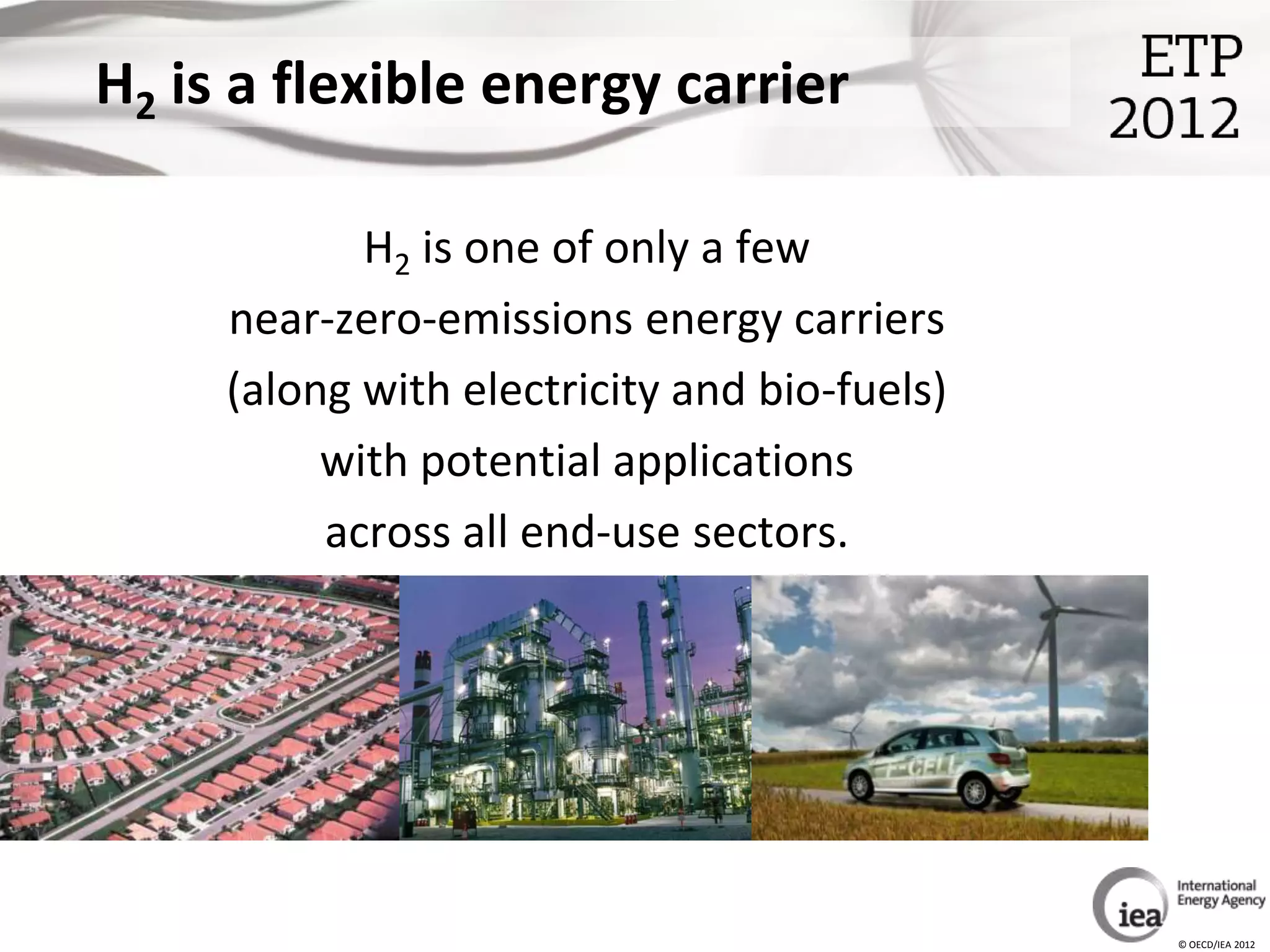 H2 is a flexible energy carrier

            H2 is one of only a few
     near-zero-emissions energy carriers
     (along with electricity and bio-fuels)
          with potential applications
          across all end-use sectors.




                                              © OECD/IEA 2012
 
