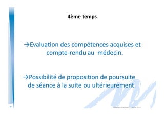 17
4ème	
  temps	
  
→Evalua)on	
  des	
  compétences	
  acquises	
  et	
  
compte-­‐rendu	
  au	
  	
  médecin.	
  	
  
→Possibilité	
  de	
  proposi)on	
  de	
  poursuite	
  
de	
  séance	
  à	
  la	
  suite	
  ou	
  ultérieurement.	
  
Alexandra	
  KEROMNES	
  7	
  février	
  2017	
  
 