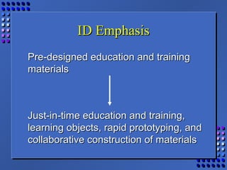 ID EmphasisID Emphasis
Pre-designed education and trainingPre-designed education and training
materialsmaterials
Just-in-time education and training,Just-in-time education and training,
learning objects, rapid prototyping, andlearning objects, rapid prototyping, and
collaborative construction of materialscollaborative construction of materials
 