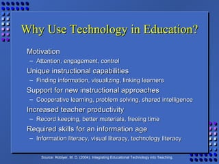 Why Use Technology in Education?Why Use Technology in Education?
MotivationMotivation
– Attention, engagement, controlAttention, engagement, control
Unique instructional capabilitiesUnique instructional capabilities
– Finding information, visualizing, linking learnersFinding information, visualizing, linking learners
Support for new instructional approachesSupport for new instructional approaches
– Cooperative learning, problem solving, shared intelligenceCooperative learning, problem solving, shared intelligence
Increased teacher productivityIncreased teacher productivity
– Record keeping, better materials, freeing timeRecord keeping, better materials, freeing time
Required skills for an information ageRequired skills for an information age
– Information literacy, visual literacy, technology literacyInformation literacy, visual literacy, technology literacy
Source: Roblyer, M. D. (2004). Integrating Educational Technology into Teaching.
 