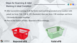 Steps for Scanning & Valid
Marking in ideal Condition
Rejected ePB
 After successful scanning of all the forms mark system generated serial number with
pencil on form 13A, 13B & 13C (backside) then put form 13B envelope and form
13A inside the outer envelope.
 Place in the basket of Valid / Rejected e-PB accordingly.
Valid ePB
 
