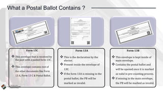 What a Postal Ballot Contains ?
Form 13C
 This envelope that is received by
the post with a pasted form 13C .
 This envelope contains rest of
the other documents like Form
13 A, Form 13 C & Postal Ballot.
Form 13A
 This is the declaration by the
elector.
 Present inside the envelope of
13C.
 If the form 13A is missing in the
postal ballot, the PB will be
marked as invalid.
Form 13B
 This envelope is kept inside of
main envelope.
 Contains the postal ballot and
will be opened once it is marked
as valid in pre-counting process.
 If missing in the main envelope,
the PB will be marked as invalid.
 