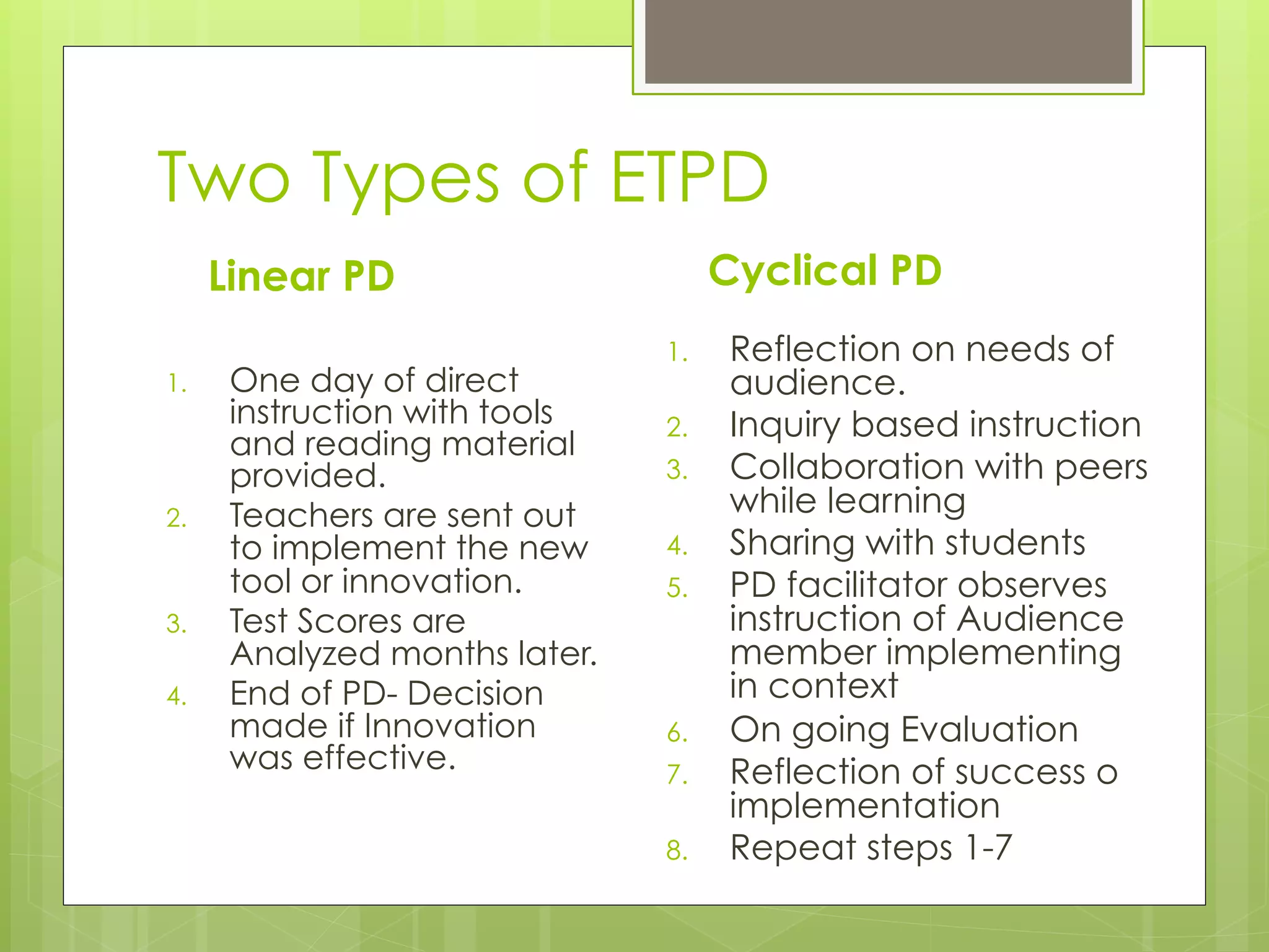 Two Types of ETPD
      Linear PD                       Cyclical PD
                                1.     Reflection on needs of
1.     One day of direct               audience.
       instruction with tools   2.     Inquiry based instruction
       and reading material
       provided.                3.     Collaboration with peers
2.     Teachers are sent out           while learning
       to implement the new     4.     Sharing with students
       tool or innovation.      5.     PD facilitator observes
3.     Test Scores are                 instruction of Audience
       Analyzed months later.          member implementing
4.     End of PD- Decision             in context
       made if Innovation       6.     On going Evaluation
       was effective.           7.     Reflection of success o
                                       implementation
                                8.     Repeat steps 1-7
 