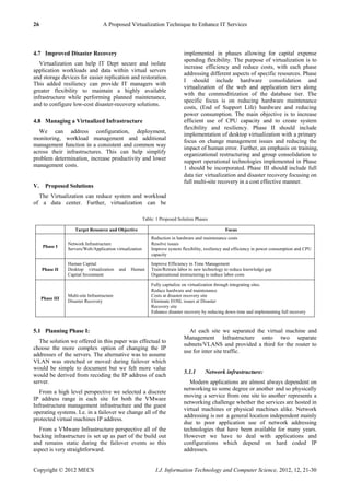 26 A Proposed Virtualization Technique to Enhance IT Services
Copyright © 2012 MECS I.J. Information Technology and Computer Science, 2012, 12, 21-30
4.7 Improved Disaster Recovery
Virtualization can help IT Dept secure and isolate
application workloads and data within virtual servers
and storage devices for easier replication and restoration.
This added resiliency can provide IT managers with
greater flexibility to maintain a highly available
infrastructure while performing planned maintenance,
and to configure low-cost disaster-recovery solutions.
4.8 Managing a Virtualized Infrastructure
We can address configuration, deployment,
monitoring, workload management and additional
management function in a consistent and common way
across their infrastructures. This can help simplify
problem determination, increase productivity and lower
management costs.
V. Proposed Solutions
The Virtualization can reduce system and workload
of a data center. Further, virtualization can be
implemented in phases allowing for capital expense
spending flexibility. The purpose of virtualization is to
increase efficiency and reduce costs, with each phase
addressing different aspects of specific resources. Phase
I should include hardware consolidation and
virtualization of the web and application tiers along
with the commoditization of the database tier. The
specific focus is on reducing hardware maintenance
costs, (End of Support Life) hardware and reducing
power consumption. The main objective is to increase
efficient use of CPU capacity and to create system
flexibility and resiliency. Phase II should include
implementation of desktop virtualization with a primary
focus on change management issues and reducing the
impact of human error. Further, an emphasis on training,
organizational restructuring and group consolidation to
support operational technologies implemented in Phase
1 should be incorporated. Phase III should include full
data tier virtualization and disaster recovery focusing on
full multi-site recovery in a cost effective manner.
Table: 1 Proposed Solution Phases
Target Resource and Objective Focus
Phase I
Network Infrastructure
Servers/Web/Application virtualization
Reduction in hardware and maintenance costs
Resolve issues
Improve system flexibility, resiliency and efficiency in power consumption and CPU
capacity
Phase II
Human Capital
Desktop virtualization and Human
Capital Investment
Improve Efficiency in Time Management
Train/Retrain labor in new technology to reduce knowledge gap
Organizational restructuring to reduce labor costs
Phase III
Multi-site Infrastructure
Disaster Recovery
Fully capitalize on virtualization through integrating sites.
Reduce hardware and maintenance
Costs at disaster recovery site
Eliminate EOSL issues at Disaster
Recovery site
Enhance disaster recovery by reducing down time and implementing full recovery
5.1 Planning Phase I:
The solution we offered in this paper was effectual to
choose the more complex option of changing the IP
addresses of the servers. The alternative was to assume
VLAN was stretched or moved during failover which
would be simple to document but we felt more value
would be derived from recoding the IP address of each
server.
From a high level perspective we selected a discrete
IP address range in each site for both the VMware
Infrastructure management infrastructure and the guest
operating systems. I.e. in a failover we change all of the
protected virtual machines IP address.
From a VMware Infrastructure perspective all of the
backing infrastructure is set up as part of the build out
and remains static during the failover events so this
aspect is very straightforward.
At each site we separated the virtual machine and
Management Infrastructure onto two separate
subnets/VLANS and provided a third for the router to
use for inter site traffic.
5.1.1 Network infrastructure:
Modern applications are almost always dependent on
networking to some degree or another and so physically
moving a service from one site to another represents a
networking challenge whether the services are hosted in
virtual machines or physical machines alike. Network
addressing is not a general location independent mainly
due to poor application use of network addressing
technologies that have been available for many years.
However we have to deal with applications and
configurations which depend on hard coded IP
addresses.
 