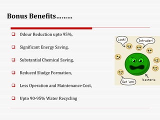 Bonus Benefits………
 Odour Reduction upto 95%,
 Significant Energy Saving,
 Substantial Chemical Saving,
 Reduced Sludge Formation,
 Less Operation and Maintenance Cost,
 Upto 90-95% Water Recycling
 