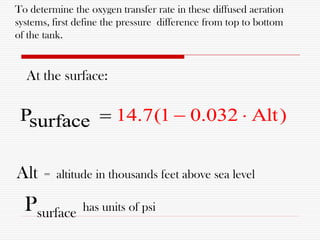 To determine the oxygen transfer rate in these diffused aeration
systems, first define the pressure difference from top to bottom
of the tank.
14.7(1 0.032 AlPsurfac t)e  
Alt = altitude in thousands feet above sea level
Psurface has units of psi
At the surface:
 