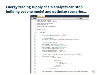 Energy trading supply chain analysts can stop
building code to model and optimize scenarios…
 
