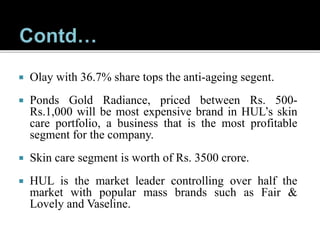  Olay with 36.7% share tops the anti-ageing segent.
 Ponds Gold Radiance, priced between Rs. 500-
Rs.1,000 will be most expensive brand in HUL’s skin
care portfolio, a business that is the most profitable
segment for the company.
 Skin care segment is worth of Rs. 3500 crore.
 HUL is the market leader controlling over half the
market with popular mass brands such as Fair &
Lovely and Vaseline.
 