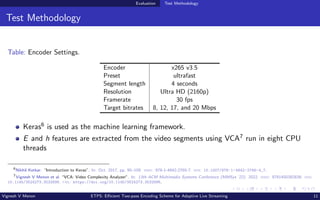 Evaluation Test Methodology
Test Methodology
Table: Encoder Settings.
Encoder x265 v3.5
Preset ultrafast
Segment length 4 seconds
Resolution Ultra HD (2160p)
Framerate 30 fps
Target bitrates 8, 12, 17, and 20 Mbps
Keras6 is used as the machine learning framework.
E and h features are extracted from the video segments using VCA7 run in eight CPU
threads
6
Nikhil Ketkar. “Introduction to Keras”. In: Oct. 2017, pp. 95–109. isbn: 978-1-4842-2765-7. doi: 10.1007/978-1-4842-2766-4_7.
7
Vignesh V Menon et al. “VCA: Video Complexity Analyzer”. In: 13th ACM Multimedia Systems Conference (MMSys ’22). 2022. isbn: 9781450392839. doi:
10.1145/3524273.3532896. url: https://doi.org/10.1145/3524273.3532896.
Vignesh V Menon ETPS: Efficient Two-pass Encoding Scheme for Adaptive Live Streaming 11
 