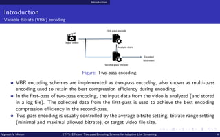 Introduction
Introduction
Variable Bitrate (VBR) encoding
Figure: Two-pass encoding.
VBR encoding schemes are implemented ...
