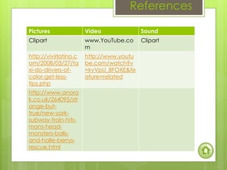 References
Pictures Video Sound
Clipart www.YouTube.co
m
Clipart
http://vivirlatino.c
om/2008/03/27/ta
xi-do-drivers-of-
color-get-less-
tips.php
http://www.youtu
be.com/watch?v
=kvVpU_8FOXE&fe
ature=related
http://www.anora
k.co.uk/264095/str
ange-but-
true/new-york-
subway-train-hits-
mans-head-
monsters-balls-
and-halle-berrys-
rescue.html
 