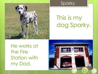 Sparky
This is my
dog Sparky.
He works at
the Fire
Station with
my Dad.
 