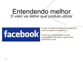 18
O valor vai definir qual produto utilizar
O valor vai definir também o custo de troca
para um possível concorrente.
O valor que você cria para os seus
consumidores, irão dizer o quanto eles
serão fiéis a você.
 