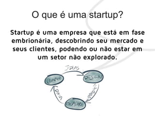 Startup é uma empresa que está em fase
embrionária, descobrindo seu mercado e
seus clientes, podendo ou não estar em
um setor não explorado.
 