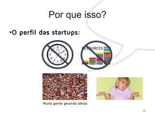•O perfil das startups:
24
Muita gente gerando ideias
 