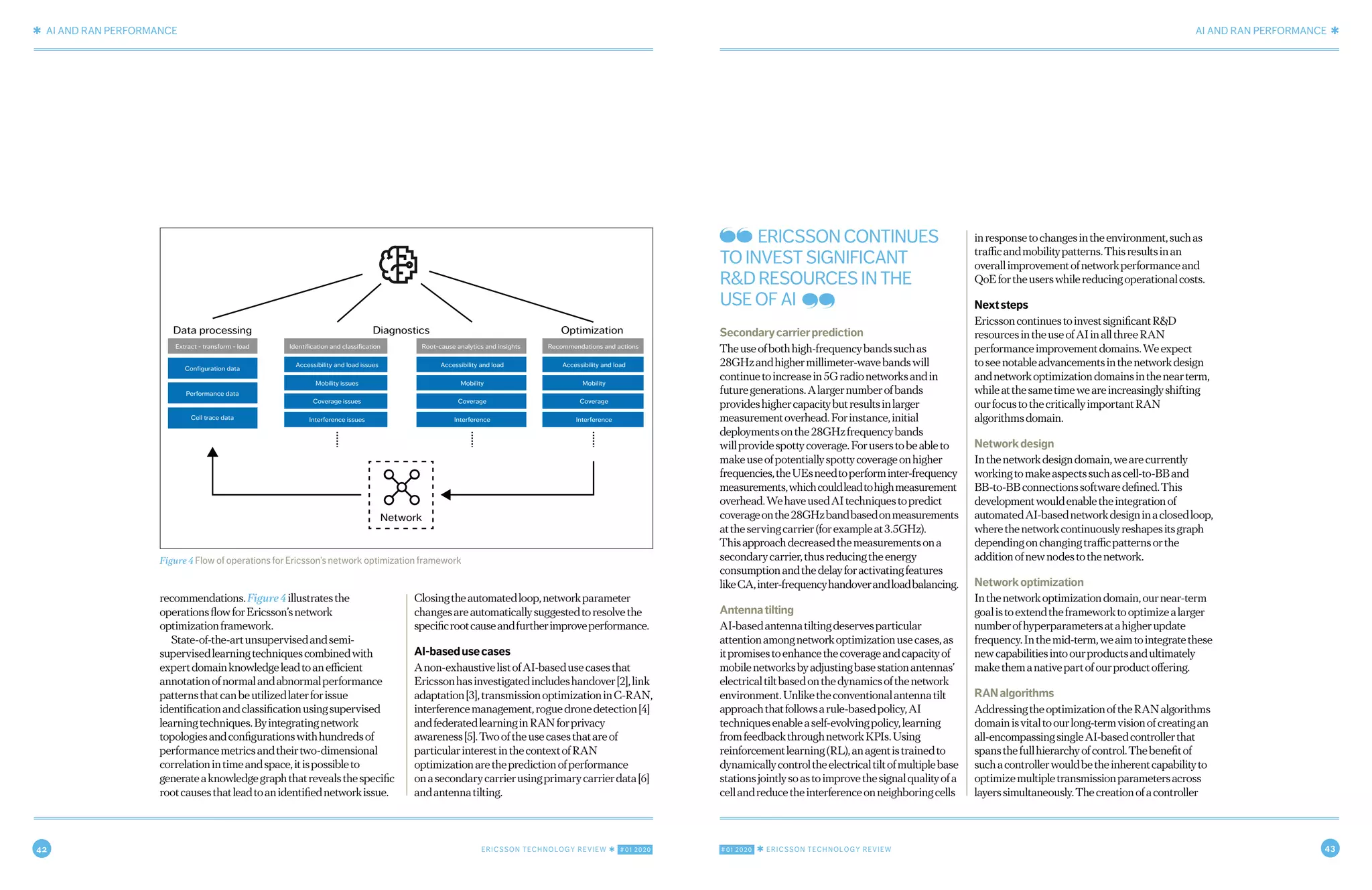 42 ERICSSON TECHNOLOGY REVIEW ✱ #01 2020 #01 2020 ✱ ERICSSON TECHNOLOGY REVIEW 43
✱ AI AND RAN PERFORMANCE AI AND RAN PERFORMANCE ✱
8 JANUARY 20, 2020 ✱ ERICSSON TECHNOLOGY REVIEWERICSSON TECHNOLOGY REVIEW ✱ JANUARY 20, 2020 9
recommendations.Figure4illustratesthe
operationsflowforEricsson’snetwork
optimizationframework.
State-of-the-artunsupervisedandsemi-
supervisedlearningtechniquescombinedwith
expertdomainknowledgeleadtoanefficient
annotationofnormalandabnormalperformance
patternsthatcanbeutilizedlaterforissue
identificationandclassificationusingsupervised
learningtechniques.Byintegratingnetwork
topologiesandconfigurationswithhundredsof
performancemetricsandtheirtwo-dimensional
correlationintimeandspace,itispossibleto
generateaknowledgegraphthatrevealsthespecific
rootcausesthatleadtoanidentifiednetworkissue.
Closingtheautomatedloop,networkparameter
changesareautomaticallysuggestedtoresolvethe
specificrootcauseandfurtherimproveperformance.
AI-basedusecases
Anon-exhaustivelistofAI-basedusecasesthat
Ericssonhasinvestigatedincludeshandover[2],link
adaptation[3],transmissionoptimizationinC-RAN,
interferencemanagement,roguedronedetection[4]
andfederatedlearninginRANforprivacy
awareness[5].Twooftheusecasesthatareof
particularinterestinthecontextofRAN
optimizationarethepredictionofperformance
onasecondarycarrierusingprimarycarrierdata[6]
andantennatilting.
Secondarycarrierprediction
Theuseofbothhigh-frequencybandssuchas
28GHzandhighermillimeter-wavebandswill
continuetoincreasein5Gradionetworksandin
futuregenerations.Alargernumberofbands
provideshighercapacitybutresultsinlarger
measurementoverhead.Forinstance,initial
deploymentsonthe28GHzfrequencybands
willprovidespottycoverage.Foruserstobeableto
makeuseofpotentiallyspottycoverageonhigher
frequencies,theUEsneedtoperforminter-frequency
measurements,whichcouldleadtohighmeasurement
overhead.WehaveusedAItechniquestopredict
coverageonthe28GHzbandbasedonmeasurements
attheservingcarrier(forexampleat3.5GHz).
Thisapproachdecreasedthemeasurementsona
secondarycarrier,thusreducingtheenergy
consumptionandthedelayforactivatingfeatures
likeCA,inter-frequencyhandoverandloadbalancing.
Antennatilting
AI-basedantennatiltingdeservesparticular
attentionamongnetworkoptimizationusecases,as
itpromisestoenhancethecoverageandcapacityof
mobilenetworksbyadjustingbasestationantennas’
electricaltiltbasedonthedynamicsofthenetwork
environment.Unliketheconventionalantennatilt
approachthatfollowsarule-basedpolicy,AI
techniquesenableaself-evolvingpolicy,learning
fromfeedbackthroughnetworkKPIs.Using
reinforcementlearning(RL),anagentistrainedto
dynamicallycontroltheelectricaltiltofmultiplebase
stationsjointlysoastoimprovethesignalqualityofa
cellandreducetheinterferenceonneighboringcells
inresponsetochangesintheenvironment,suchas
trafficandmobilitypatterns.Thisresultsinan
overallimprovementofnetworkperformanceand
QoEfortheuserswhilereducingoperationalcosts.
Nextsteps
EricssoncontinuestoinvestsignificantR&D
resourcesintheuseofAIinallthreeRAN
performanceimprovementdomains.Weexpect
toseenotableadvancementsinthenetworkdesign
andnetworkoptimizationdomainsinthenearterm,
whileatthesametimeweareincreasinglyshifting
ourfocustothecriticallyimportantRAN
algorithmsdomain.
Networkdesign
Inthenetworkdesigndomain,wearecurrently
workingtomakeaspectssuchascell-to-BBand
BB-to-BBconnectionssoftwaredefined.This
developmentwouldenabletheintegrationof
automatedAI-basednetworkdesigninaclosedloop,
wherethenetworkcontinuouslyreshapesitsgraph
dependingonchangingtrafficpatternsorthe
additionofnewnodestothenetwork.
Networkoptimization
Inthenetworkoptimizationdomain,ournear-term
goalistoextendtheframeworktooptimizealarger
numberofhyperparametersatahigherupdate
frequency.Inthemid-term,weaimtointegratethese
newcapabilitiesintoourproductsandultimately
makethemanativepartofourproductoffering.
RANalgorithms
AddressingtheoptimizationoftheRANalgorithms
domainisvitaltoourlong-termvisionofcreatingan
all-encompassingsingleAI-basedcontrollerthat
spansthefullhierarchyofcontrol.Thebenefitof
suchacontrollerwouldbetheinherentcapabilityto
optimizemultipletransmissionparametersacross
layerssimultaneously.Thecreationofacontroller
Figure 4 Flow of operations for Ericsson’s network optimization framework
Configuration data
Data processing Diagnostics
Network
Optimization
Performance data
Cell trace data
Extract - transform - load Identification and classification
Accessibility and load issues
Mobility issues
Coverage issues
Interference issues
Root-cause analytics and insights
Accessibility and load
Mobility
Coverage
Interference
Recommendations and actions
Accessibility and load
Mobility
Coverage
Interference
ERICSSON CONTINUES
TO INVEST SIGNIFICANT
R&D RESOURCES IN THE
USE OF AI
 