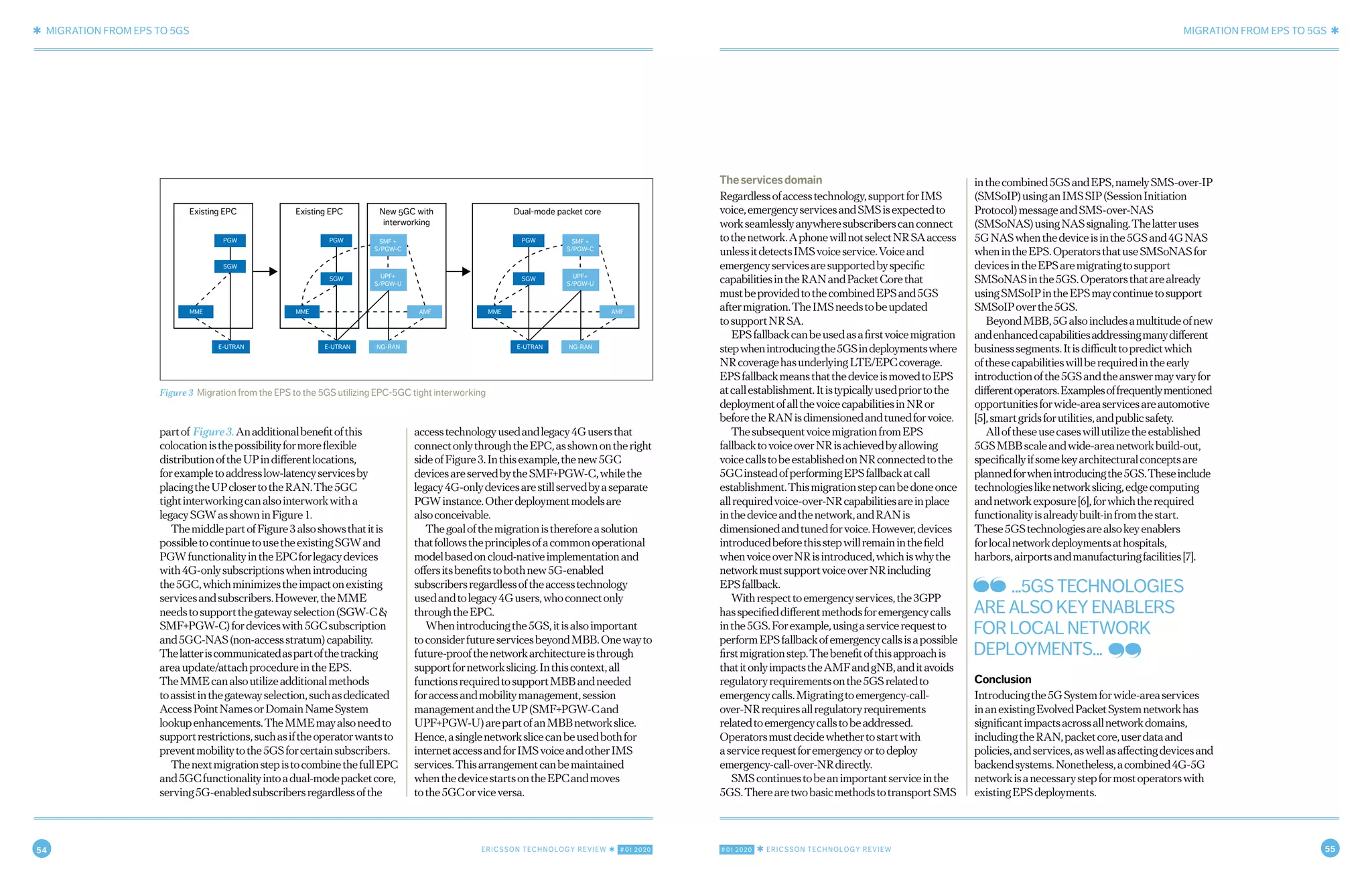 54 ERICSSON TECHNOLOGY REVIEW ✱ #01 2020 #01 2020 ✱ ERICSSON TECHNOLOGY REVIEW 55
✱ MIGRATION FROM EPS TO 5GS MIGRATION FROM EPS TO 5GS ✱
8 FEBRUARY 24, 2020 ✱ ERICSSON TECHNOLOGY REVIEWERICSSON TECHNOLOGY REVIEW ✱ FEBRUARY 24, 2020 9
partof Figure3.Anadditionalbenefitofthis
colocationisthepossibilityformoreflexible
distributionoftheUPindifferentlocations,
forexampletoaddresslow-latencyservicesby
placingtheUPclosertotheRAN.The5GC
tightinterworkingcanalsointerworkwitha
legacySGWasshowninFigure1.
ThemiddlepartofFigure3alsoshowsthatitis
possibletocontinuetousetheexistingSGWand
PGWfunctionalityintheEPCforlegacydevices
with4G-onlysubscriptionswhenintroducing
the5GC,whichminimizestheimpactonexisting
servicesandsubscribers.However,theMME
needstosupportthegatewayselection(SGW-C&
SMF+PGW-C)fordeviceswith5GCsubscription
and5GC-NAS(non-accessstratum)capability.
Thelatteriscommunicatedaspartofthetracking
areaupdate/attachprocedureintheEPS.
TheMMEcanalsoutilizeadditionalmethods
toassistinthegatewayselection,suchasdedicated
AccessPointNamesorDomainNameSystem
lookupenhancements.TheMMEmayalsoneedto
supportrestrictions,suchasiftheoperatorwantsto
preventmobilitytothe5GSforcertainsubscribers.
ThenextmigrationstepistocombinethefullEPC
and5GCfunctionalityintoadual-modepacketcore,
serving5G-enabledsubscribersregardlessofthe
accesstechnologyusedandlegacy4Gusersthat
connectonlythroughtheEPC,asshownontheright
sideofFigure3.Inthisexample,thenew5GC
devicesareservedbytheSMF+PGW-C,whilethe
legacy4G-onlydevicesarestillservedbyaseparate
PGWinstance.Otherdeploymentmodelsare
alsoconceivable.
Thegoalofthemigrationisthereforeasolution
thatfollowstheprinciplesofacommonoperational
modelbasedoncloud-nativeimplementationand
offersitsbenefitstobothnew5G-enabled
subscribersregardlessoftheaccesstechnology
usedandtolegacy4Gusers,whoconnectonly
throughtheEPC.
Whenintroducingthe5GS,itisalsoimportant
toconsiderfutureservicesbeyondMBB.Onewayto
future-proofthenetworkarchitectureisthrough
supportfornetworkslicing.Inthiscontext,all
functionsrequiredtosupportMBBandneeded
foraccessandmobilitymanagement,session
managementandtheUP(SMF+PGW-Cand
UPF+PGW-U)arepartofanMBBnetworkslice.
Hence,asinglenetworkslicecanbeusedbothfor
internetaccessandforIMSvoiceandotherIMS
services.Thisarrangementcanbemaintained
whenthedevicestartsontheEPCandmoves
tothe5GCorviceversa.
Theservicesdomain
Regardlessofaccesstechnology,supportforIMS
voice,emergencyservicesandSMSisexpectedto
workseamlesslyanywheresubscriberscanconnect
tothenetwork.AphonewillnotselectNRSAaccess
unlessitdetectsIMSvoiceservice.Voiceand
emergencyservicesaresupportedbyspecific
capabilitiesintheRANandPacketCorethat
mustbeprovidedtothecombinedEPSand5GS
aftermigration.TheIMSneedstobeupdated
tosupportNRSA.
EPSfallbackcanbeusedasafirstvoicemigration
stepwhenintroducingthe5GSindeploymentswhere
NRcoveragehasunderlyingLTE/EPCcoverage.
EPSfallbackmeansthatthedeviceismovedtoEPS
atcallestablishment.Itistypicallyusedpriortothe
deploymentofallthevoicecapabilitiesinNRor
beforetheRANisdimensionedandtunedforvoice.
ThesubsequentvoicemigrationfromEPS
fallbacktovoiceoverNRisachievedbyallowing
voicecallstobeestablishedonNRconnectedtothe
5GCinsteadofperformingEPSfallbackatcall
establishment.Thismigrationstepcanbedoneonce
allrequiredvoice-over-NRcapabilitiesareinplace
inthedeviceandthenetwork,andRANis
dimensionedandtunedforvoice.However,devices
introducedbeforethisstepwillremaininthefield
whenvoiceoverNRisintroduced,whichiswhythe
networkmustsupportvoiceoverNRincluding
EPSfallback.
Withrespecttoemergencyservices,the3GPP
hasspecifieddifferentmethodsforemergencycalls
inthe5GS.Forexample,usingaservicerequestto
performEPSfallbackofemergencycallsisapossible
firstmigrationstep.Thebenefitofthisapproachis
thatitonlyimpactstheAMFandgNB,anditavoids
regulatoryrequirementsonthe5GSrelatedto
emergencycalls.Migratingtoemergency-call-
over-NRrequiresallregulatoryrequirements
relatedtoemergencycallstobeaddressed.
Operatorsmustdecidewhethertostartwith
aservicerequestforemergencyortodeploy
emergency-call-over-NRdirectly.
SMScontinuestobeanimportantserviceinthe
5GS.TherearetwobasicmethodstotransportSMS
inthecombined5GSandEPS,namelySMS-over-IP
(SMSoIP)usinganIMSSIP(SessionInitiation
Protocol)messageandSMS-over-NAS
(SMSoNAS)usingNASsignaling.Thelatteruses
5GNASwhenthedeviceisinthe5GSand4GNAS
whenintheEPS.OperatorsthatuseSMSoNASfor
devicesintheEPSaremigratingtosupport
SMSoNASinthe5GS.Operatorsthatarealready
usingSMSoIPintheEPSmaycontinuetosupport
SMSoIPoverthe5GS.
BeyondMBB,5Galsoincludesamultitudeofnew
andenhancedcapabilitiesaddressingmanydifferent
businesssegments.Itisdifficulttopredictwhich
ofthesecapabilitieswillberequiredintheearly
introductionofthe5GSandtheanswermayvaryfor
differentoperators.Examplesoffrequentlymentioned
opportunitiesforwide-areaservicesareautomotive
[5],smartgridsforutilities,andpublicsafety.
Alloftheseusecaseswillutilizetheestablished
5GSMBBscaleandwide-areanetworkbuild-out,
specificallyifsomekeyarchitecturalconceptsare
plannedforwhenintroducingthe5GS.Theseinclude
technologieslikenetworkslicing,edgecomputing
andnetworkexposure[6],forwhichtherequired
functionalityisalreadybuilt-infromthestart.
These5GStechnologiesarealsokeyenablers
forlocalnetworkdeploymentsathospitals,
harbors,airportsandmanufacturingfacilities[7].
Conclusion
Introducingthe5GSystemforwide-areaservices
inanexistingEvolvedPacketSystemnetworkhas
significantimpactsacrossallnetworkdomains,
includingtheRAN,packetcore,userdataand
policies,andservices,aswellasaffectingdevicesand
backendsystems.Nonetheless,acombined4G-5G
networkisanecessarystepformostoperatorswith
existingEPSdeployments.
Figure 3 Migration from the EPS to the 5GS utilizing EPC-5GC tight interworking
Existing EPC
PGW
SGW
MME
E-UTRAN
Existing EPC
PGW SMF +
S/PGW-C
UPF+
S/PGW-U
SGW
MME
New 5GC with
interworking
Dual-mode packet core
PGW SMF +
S/PGW-C
UPF+
S/PGW-U
SGW
MME
E-UTRAN NG-RAN E-UTRAN NG-RAN
AMF AMF
...5GS TECHNOLOGIES
ARE ALSO KEY ENABLERS
FOR LOCAL NETWORK
DEPLOYMENTS...
 