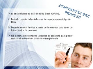 LIM
 La ética debería de estar en todo el ser humano.

ITA
NT
PR
OCE ES DE
L
SO

 En todo tramite deberá de estar incorporado un código de
Ética.

 Debería inculcar la ética a partir de las escuelas para tener un
futuro mejor de personas.
 No debería de esconderse la lealtad de cada uno para poder
realizar el trabajo con claridad y transparencia

Page 12

 