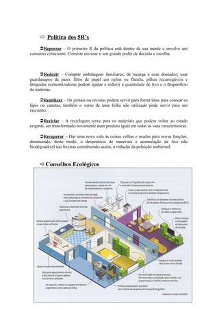  Política dos 5R’s
Repensar – O primeiro R da política está dentro da sua mente e envolve um
consumo consciente. Consiste em usar o seu grande poder de decisão e escolha.
Reduzir – Comprar embalagens familiares, de recarga e com doseador; usar
guardanapos de pano, filtro de papel em nylon ou flanela, pilhas recarregáveis e
lâmpadas economizadoras podem ajudar a reduzir a quantidade de lixo e o desperdício
de matérias.
Reutilizar – Os jornais ou revistas podem servir para forrar latas para colocar os
lápis ou canetas, também o verso de uma folha não utilizado pode servir para um
rascunho.
Reciclar – A reciclagem serve para os materiais que podem voltar ao estado
original, ser transformado novamente num produto igual em todas as suas características.
Recuperar – Dar uma nova vida às coisas velhas e usadas para novas funções,
diminuindo, deste modo, o desperdício de materiais e acumulação de lixo não
biodegradável nas lixeiras contribuindo assim, a redução da poluição ambiental.
Conselhos Ecológicos
7
 