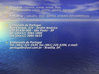 Pecuária:  :  bovinos, suínos, ovinos, aves. Mineração:  cobre, urânio, granito, calcário, mármore . Indústria:  :  vestuário, têxtil, química, produtos eletroeletrônicos (domésticos). Consulado de Portugal  Rua Canadá, 324 - Jardim América CEP 01436-000 - São Paulo - SP tel. (0xx11) 3084-1800 fax (0xx11) 3085-5633 Embaixada de Portugal Tel. (061) 321-3434, fax (061) 225-5296, e-mail: portugalbr@uol.com.br - Brasília, DF.  