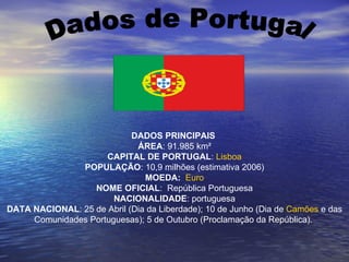 Dados de Portugal DADOS PRINCIPAIS   ÁREA : 91.985 km² CAPITAL DE PORTUGAL :  Lisboa POPULAÇÃO : 10,9 milhões (estimativa 2006) MOEDA:    Euro NOME OFICIAL :  República Portuguesa NACIONALIDADE : portuguesa DATA NACIONAL : 25 de Abril (Dia da Liberdade); 10 de Junho (Dia de  Camões  e das Comunidades Portuguesas); 5 de Outubro (Proclamação da República).  