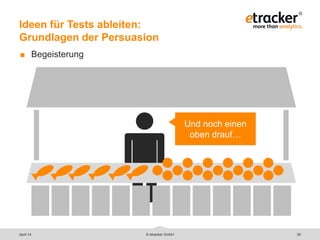 © etracker GmbH 30
Ideen für Tests ableiten:
Grundlagen der Persuasion
 Begeisterung
Und noch einen
oben drauf…
April 14
 