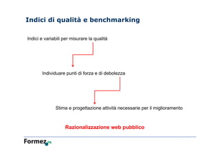 Indici di qualità e benchmarking
Indici e variabili per misurare la qualità
Individuare punti di forza e di debolezza
Stima e progettazione attività necessarie per il miglioramento
Razionalizzazione web pubblico
 