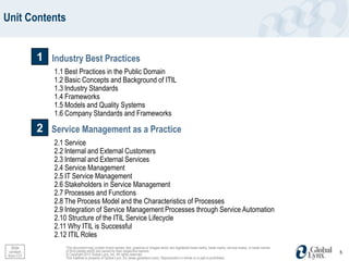 Unit Contents


           1 Industry Best Practices
               1.1 Best Practices in the Public Domain
               1.2 Basic Concepts and Background of ITIL
               1.3 Industry Standards
               1.4 Frameworks
               1.5 Models and Quality Systems
               1.6 Company Standards and Frameworks

           2 Service Management as a Practice
               2.1 Service
               2.2 Internal and External Customers
               2.3 Internal and External Services
               2.4 Service Management
               2.5 IT Service Management
               2.6 Stakeholders in Service Management
               2.7 Processes and Functions
               2.8 The Process Model and the Characteristics of Processes
               2.9 Integration of Service Management Processes through Service Automation
               2.10 Structure of the ITIL Service Lifecycle
               2.11 Why ITIL is Successful
               2.12 ITIL Roles
  Slide           This document may contain brand names, text, graphics or images which are registered trade marks, trade marks, service marks, or trade names
 content          of third parties which are owned by their respective owners.                                                                                   5
from CO           © Copyright 2012 Global Lynx, Inc. All rights reserved.
                  This material is property of Global Lynx, Inc (www.globallynx.com). Reproduction in whole or in part is prohibited.
 