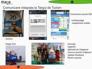 Comunicare integrata la Targul de Turism
                                             Contorizare scanari QR

                                              Landing-page
                                               neoptimizat mobile




 Eximtur

 Happy Tour                                Concept
                                           Sugestie:
                                           Aplicatie joc Happysor
                                           Concurs puncte Happysor
                                           Update Facebook
                                           Premii vacante
 