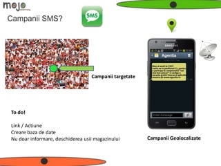 Campanii SMS?




                                  Campanii targetate




To do!

Link / Actiune
Creare baza de date
Nu doar informare, deschiderea usii magazinului        Campanii Geolocalizate
 
