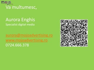 Va multumesc,

Aurora Enghis
Specialist digital media


aurora@mojoadvertising.ro
www.mojoadvertising.ro
0724.666.378
 