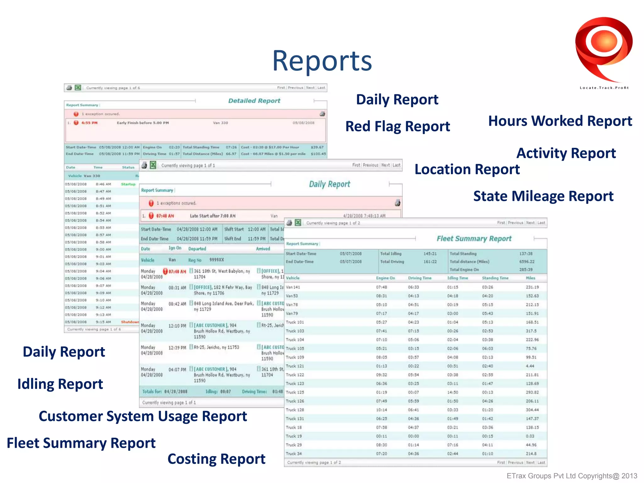 Reports
Daily Report
Daily Report
Idling Report
Hours Worked ReportRed Flag Report
Location Report
State Mileage Report
Activity Report
Customer System Usage Report
Fleet Summary Report
Costing Report
ETrax Groups Pvt Ltd Copyrights@ 2013
 