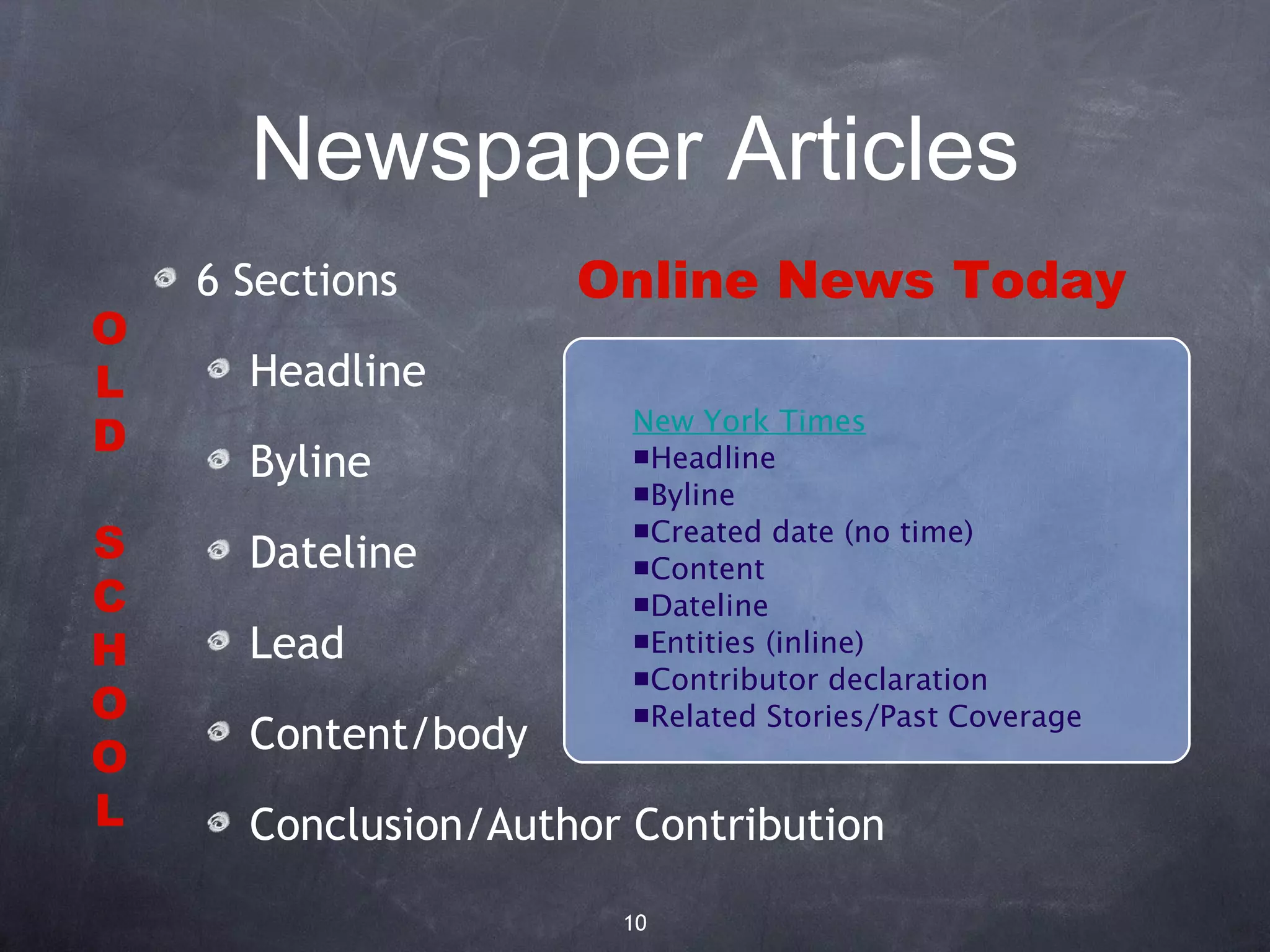 Newspaper Articles
    6 Sections       Online News Today
O
L     Headline
D                       New York Times
      Byline            ■Headline
                        ■Byline
S     Dateline
                        ■Created date (no time)
                        ■Content
C                       ■Dateline
H     Lead              ■Entities (inline)
                        ■Contributor declaration
O                       ■Related Stories/Past Coverage
      Content/body
O
L     Conclusion/Author Contribution

                       10
 