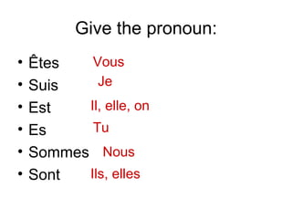 Give the pronoun: Êtes Suis Est Es Sommes Sont Ils, elles Nous Tu Il, elle, on Vous Je 