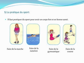 5) La pratique du sport:Il faut pratiquer du sport pour avoir un corps fort et en bonne santé.Faire de la natationFaire de la marcheFaire de la gymnastiqueFaire de la course