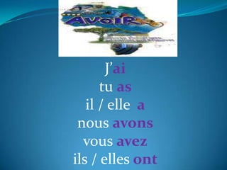 J’ai
tu as
il / elle a
nous avons
vous avez
ils / elles ont