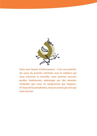 Vous avez besoin d’informations : c’est une priorité.
Au cours du premier entretien avec le médecin qui
nous transmet la nouvelle, nous sommes souvent
perdus, bouleversés, submergés par des données
médicales que nous ne comprenons pas toujours.
À l’issue de la consultation, nous ne savons pas vers qui
nous tourner.
 