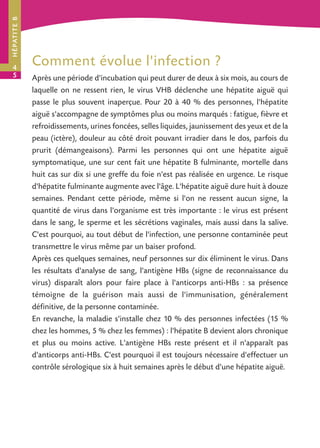 H É PAT I T E B

4
5

Comment évolue l'infection ?
Après une période d'incubation qui peut durer de deux à six mois, au cours de
laquelle on ne ressent rien, le virus VHB déclenche une hépatite aiguë qui
passe le plus souvent inaperçue. Pour 20 à 40 % des personnes, l'hépatite
aiguë s'accompagne de symptômes plus ou moins marqués : fatigue, fièvre et
refroidissements, urines foncées, selles liquides, jaunissement des yeux et de la
peau (ictère), douleur au côté droit pouvant irradier dans le dos, parfois du
prurit (démangeaisons). Parmi les personnes qui ont une hépatite aiguë
symptomatique, une sur cent fait une hépatite B fulminante, mortelle dans
huit cas sur dix si une greffe du foie n'est pas réalisée en urgence. Le risque
d'hépatite fulminante augmente avec l'âge. L'hépatite aiguë dure huit à douze
semaines. Pendant cette période, même si l'on ne ressent aucun signe, la
quantité de virus dans l'organisme est très importante : le virus est présent
dans le sang, le sperme et les sécrétions vaginales, mais aussi dans la salive.
C'est pourquoi, au tout début de l'infection, une personne contaminée peut
transmettre le virus même par un baiser profond.
Après ces quelques semaines, neuf personnes sur dix éliminent le virus. Dans
les résultats d'analyse de sang, l'antigène HBs (signe de reconnaissance du
virus) disparaît alors pour faire place à l'anticorps anti-HBs : sa présence
témoigne de la guérison mais aussi de l'immunisation, généralement
définitive, de la personne contaminée.
En revanche, la maladie s'installe chez 10 % des personnes infectées (15 %
chez les hommes, 5 % chez les femmes) : l'hépatite B devient alors chronique
et plus ou moins active. L'antigène HBs reste présent et il n'apparaît pas
d'anticorps anti-HBs. C'est pourquoi il est toujours nécessaire d'effectuer un
contrôle sérologique six à huit semaines après le début d'une hépatite aiguë.

 